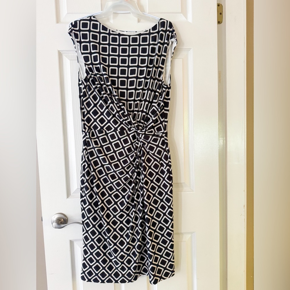 Lauren Ralph Lauren Black White Geometric Midi Dress Size 12 L,Fitted Stretch